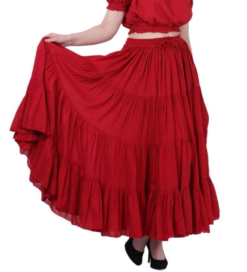 WevezÂ® Women's Plus Size Gypsy 25 Yard Long Flowy Solid Color Renaissance fair Skirt, Red - Image 1